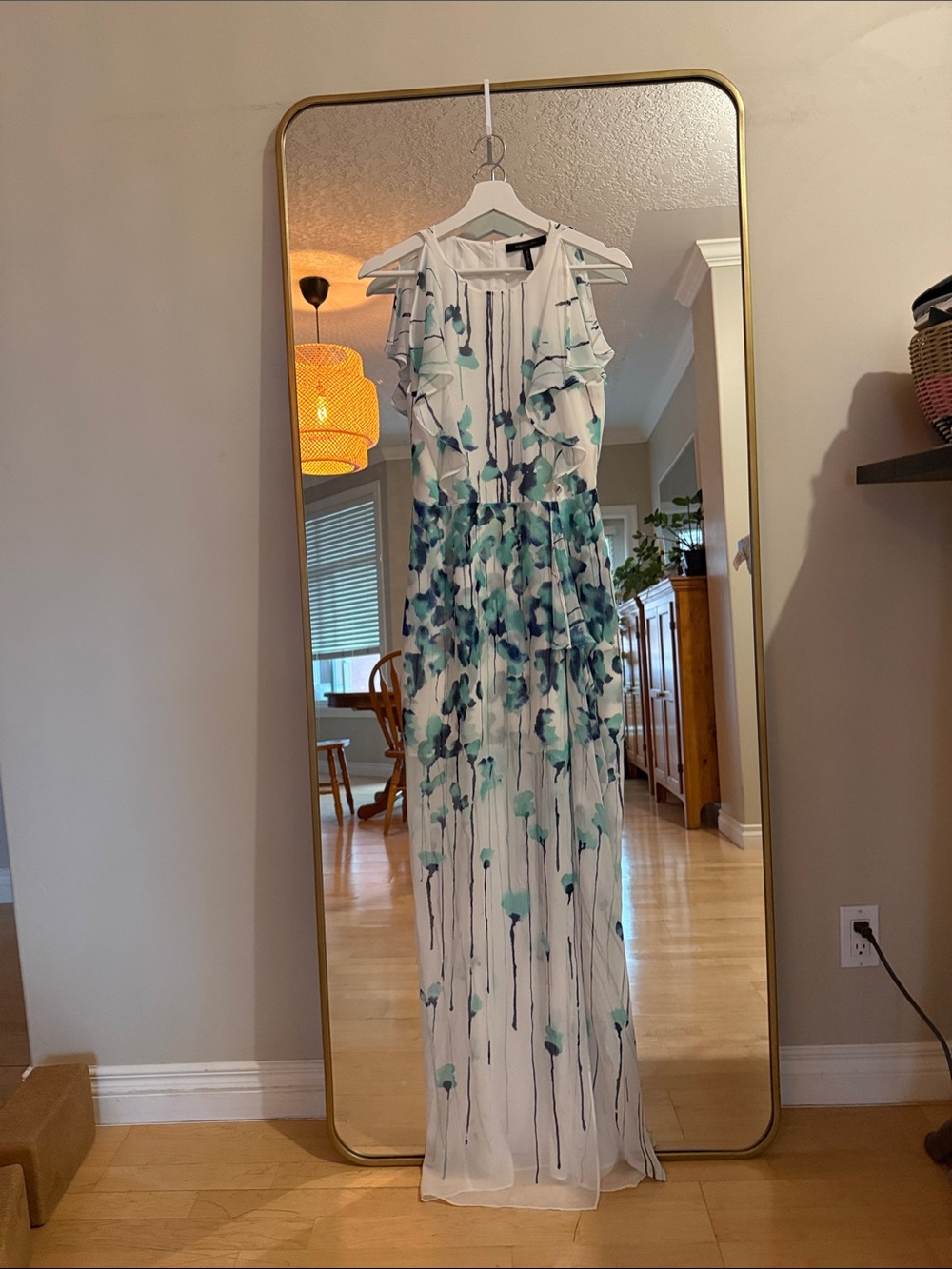 BCBGMaxAzria White Maxi Dress with Teal & Aqua Floral Print